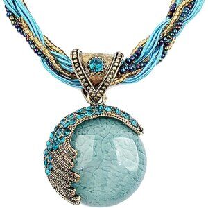 Handmade Retro Vintage Twist Woven Rope Chain Turquoise Rhinestone Necklace